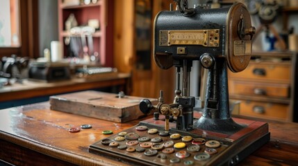 Fototapeta premium A vintage button press machine with a selection of buttons, evoking the history of clothing manufacturing.