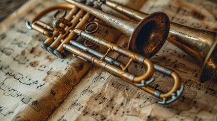 A vintage trumpet resting on a music sheet, showcasing its shiny brass finish and intricate details.