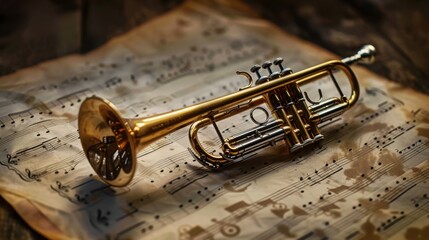 Naklejka premium A vintage trumpet resting on a music sheet, showcasing its shiny brass finish and intricate details.