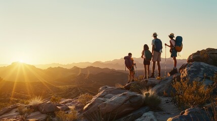 Obraz premium A family of four stands on a rocky outcrop, admiring a breathtaking sunrise over sprawling mountains, symbolizing togetherness and adventure.