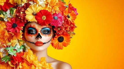 Fototapeta premium woman with autumn flower wreath on yellow background