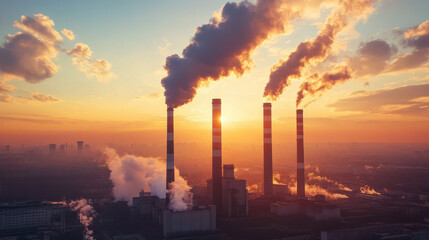 Obraz premium Traditional coal-fired power plant with smokestacks emitting steam, highlighting energy production
