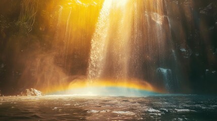 A waterfall viewed from behind, with the sun shining through the water, creating a rainbow effect in the mist.