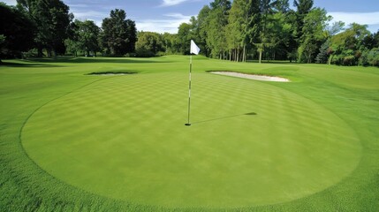 Fototapeta premium A well-maintained golf green with a flagstick and hole, showcasing the smooth, manicured surface.