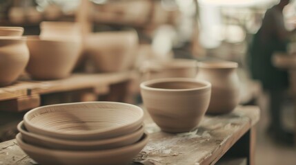 Artisan pottery workshop with handcrafted clay bowls and pots in focus, showcasing skilled craftsmanship in an inviting, softly-lit environment.