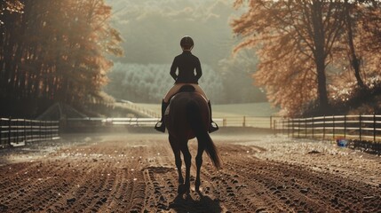 A young rider practicing in a riding school, showcasing the early stages of equestrian training and passion.