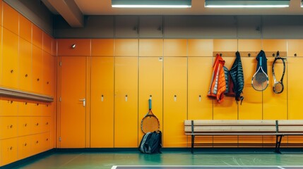A well-organized locker room with brightly colored lockers, tennis rackets hanging on the wall, and a bench with a backpack placed in front of them.