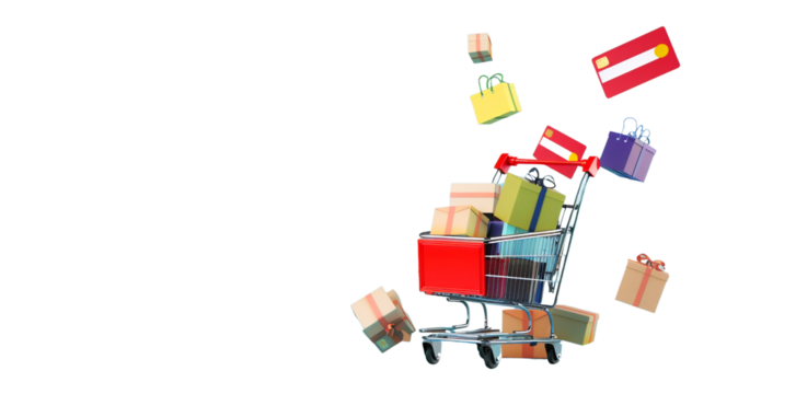 Miniature shopping cart with cardboard boxes isolated on a transparent background