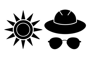 Sun and Weather Icons Sun's, sunglasses, sun hats, clear sky, sunblock. art vector illustration