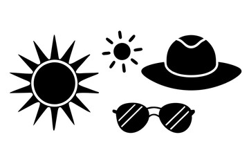 Sun and Weather Icons Sun's, sunglasses, sun hats, clear sky, sunblock. art vector illustration