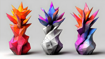 A trio of colorful, abstract polygonal sculptures resembling organic forms.