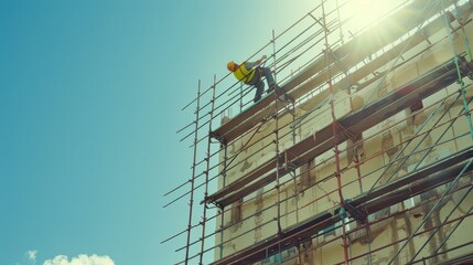 Fototapeta premium A construction worker reaches up on scaffolding, bathed in sunlight while working on a building facade under a clear blue sky.