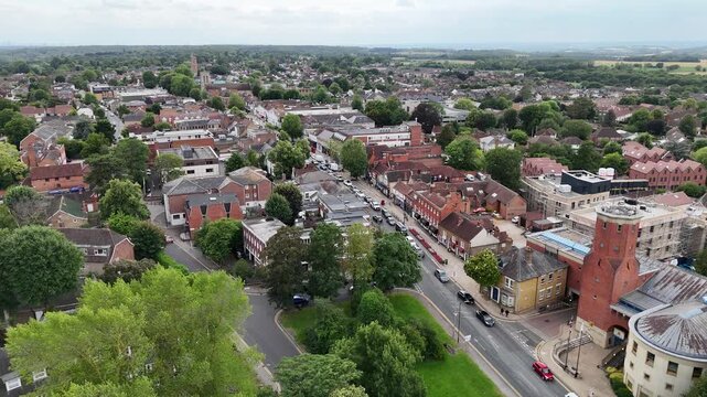 Epping Town council offices Essex UK pan up to high street drone,aerial