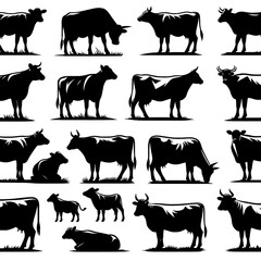 Silhouettes of Cows in Various Poses