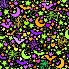 Seamless pattern of halloween multi-colored elements on a black background