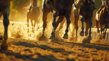 Fototapeta premium Horses galloping down a sunlit racetrack, their hooves kicking up dust, capturing the intensity of a race.