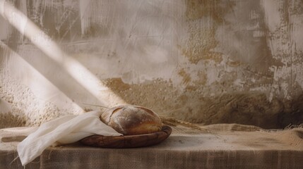 Freshly baked artisan bread rests on a rustic surface, bathed in soft, natural light, capturing the simplicity and beauty of homemade food.