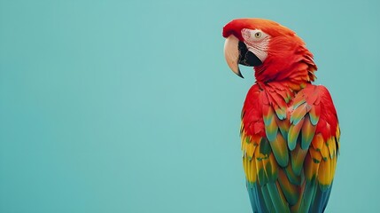 A beautiful l macaw sitting and watching something from his one eye at a sky blue colored background