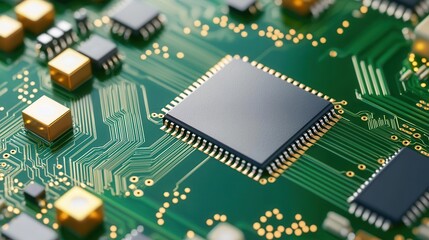 Mechanical arm assembling microchips, high-precision automation, 3D illustration