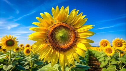 Obraz premium A close-up of a blooming sunflower under a bright blue sky