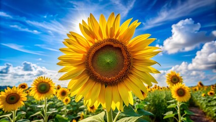 Fototapeta premium A close-up of a blooming sunflower under a bright blue sky