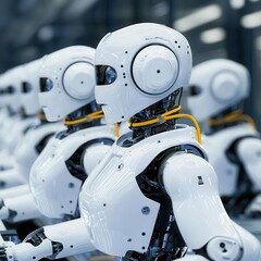 Mechanical robots in assembly line, efficiency and automation, 3D illustration