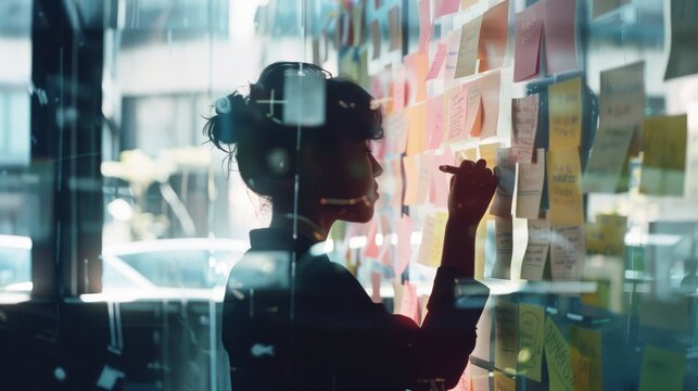 A silhouette of a person brainstorming and writing ideas on a glass wall filled with colorful post-it notes, representing creativity and planning.