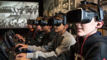 Fototapeta premium Virtual Reality Field Trip with Students Experiencing Historical Events - Classroom Learning