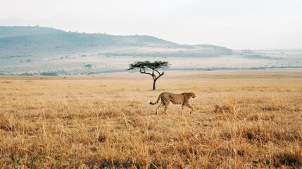 Naklejka premium A cheetah elegantly prowls an open, golden savanna, with a single acacia tree and misty hills creating a dreamy, expansive backdrop.