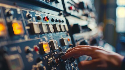 A hand meticulously adjusts a control panel filled with buttons, showcasing dexterity and precision in a technologically rich and operative environment.