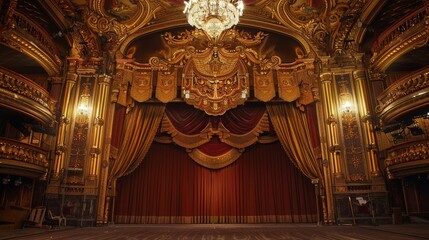 Fototapeta premium An opulent theater interior bathed in golden light, featuring grand drapes, ornate carvings, and a magnificent chandelier, evoking a sense of elegant grandeur.