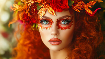 Woman with luxurious autumn flower hat on the street. Elegant woman with a lavish autumn flower hat against a street background. Perfect for fashion and autumn themes.