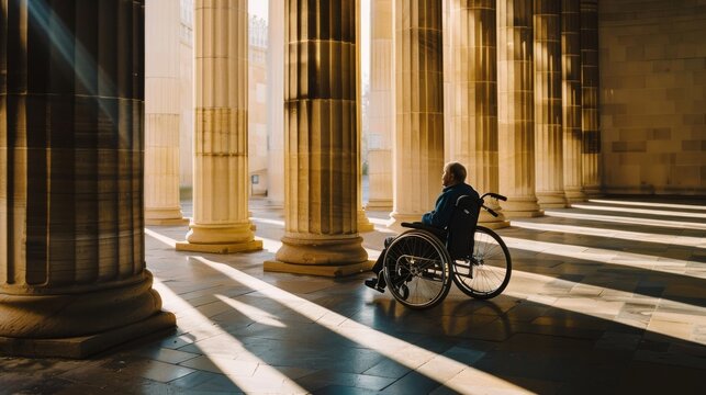 A lone individual in a wheelchair sits contemplatively in a grand, sunlit colonnade, bathed in serene light and long shadows. - Powered by Adobe
