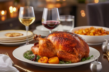 Festlich gedeckter Tisch mit einer gebratenen Gans, Weihnachtsgans, Generative AI