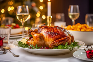 Festlich gedeckter Tisch mit einer gebratenen Gans, Weihnachtsgans, Generative AI