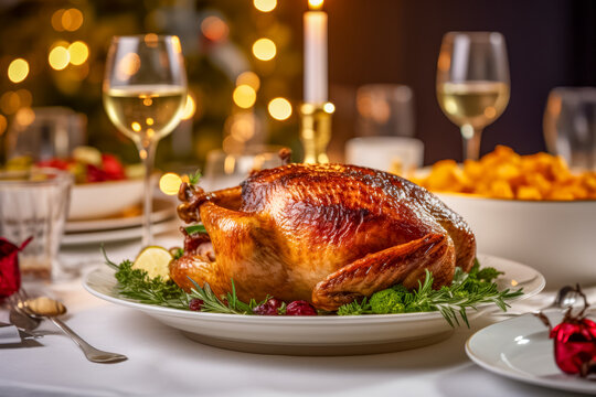 Festlich gedeckter Tisch mit einer gebratenen Gans, Weihnachtsgans, Generative AI