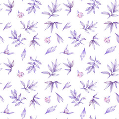 Fototapeta premium Seamless floral pattern of lilac leaves on a white background. Pencil illustration of a bouquet for decor, textiles, wallpaper, interior.