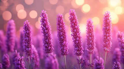 Fototapeta premium Close-Up of Blooming Lavender Flowers in a Field, with Soft Focus and Warm Evening Light, Creating a Tranquil and Dreamy Atmosphere