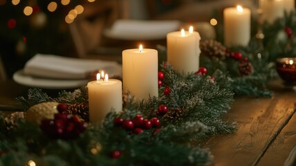 Elegant Christmas table setting with glowing candles and festive greenery, creating a warm holiday ambiance.
