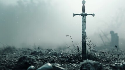 Fototapeta premium A solitary sword stands upright in the misty landscape, its blade etched with time, surrounded by remnants of a bygone battle, evoking a sense of lost valor.