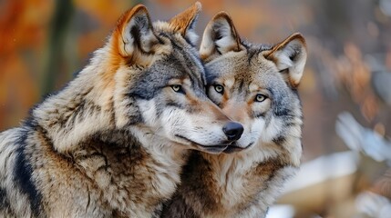 Obraz premium A Couple of wolves kissing each other in the snow falling in winter at a forest