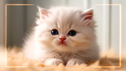 An adorable fluffy white kitten with bright blue eyes