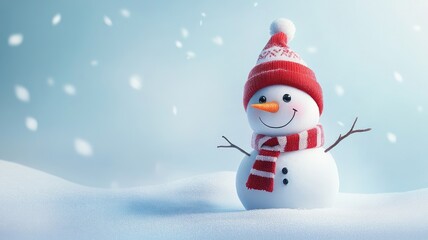 Fototapeta premium Cheerful snowman with a red hat and scarf, standing in a snowy landscape with soft falling snowflakes.