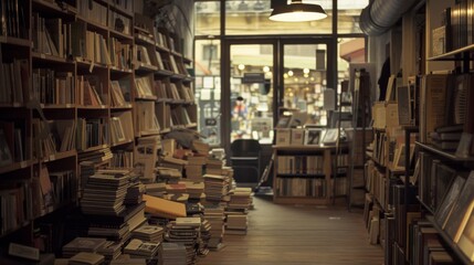 Obraz premium A cozy bookstore with wooden floors and shelves filled with books, leading to a softly lit street seen through a glass door.