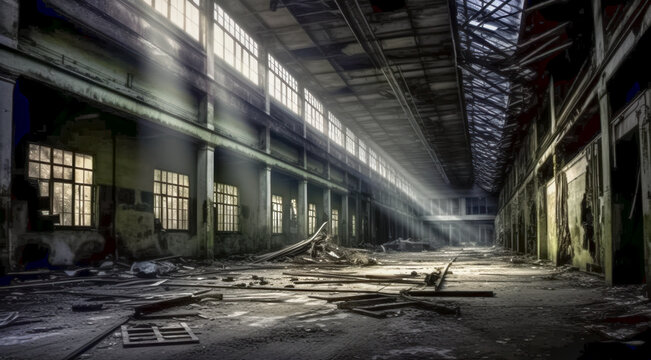 Gespenstischer Lost Place, verlassene Fabrik, Generative AI