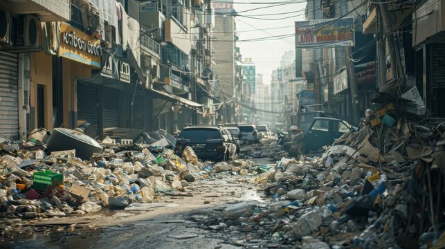 An urban street is overwhelmed by piles of trash and debris, showcasing the chaos of an unkempt environment amidst rows of tightly packed buildings.