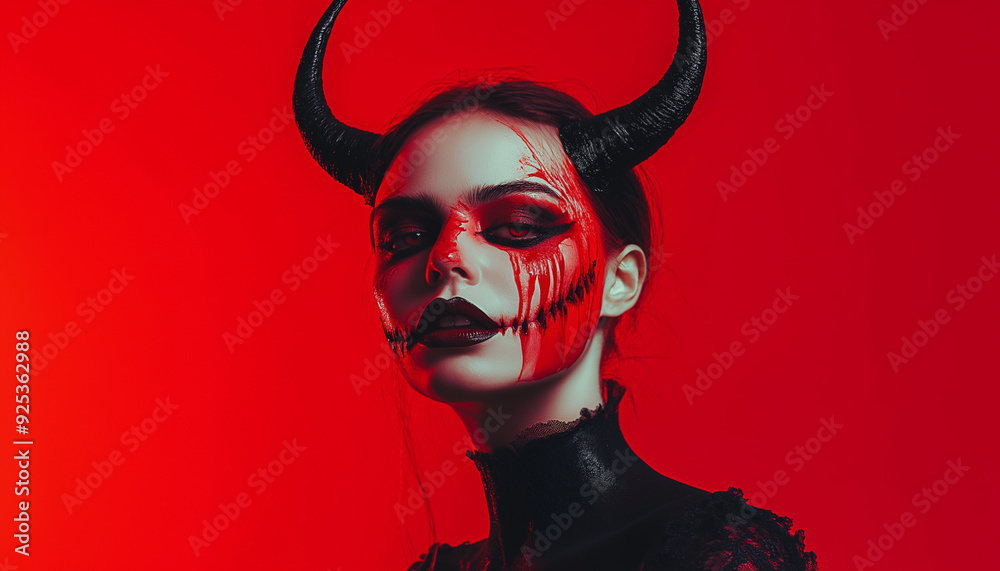 Wall mural woman with scary halloween makeup with bloody horns red background, lady demon