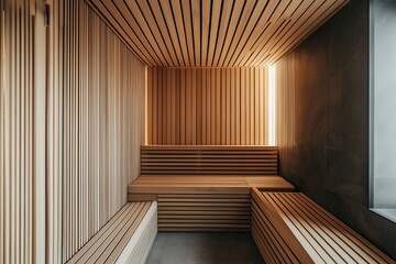 Fototapeta premium Modern wooden sauna interior with benches and soft lighting
