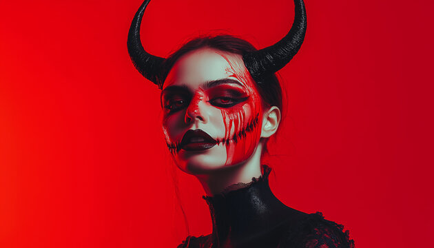 woman with scary halloween makeup with bloody horns red background, lady demon  