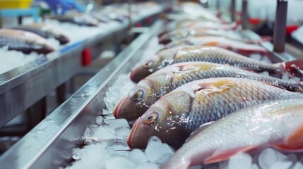 Rows of fresh fish lie on ice in a bustling market, showcasing a vibrant display of seafood.